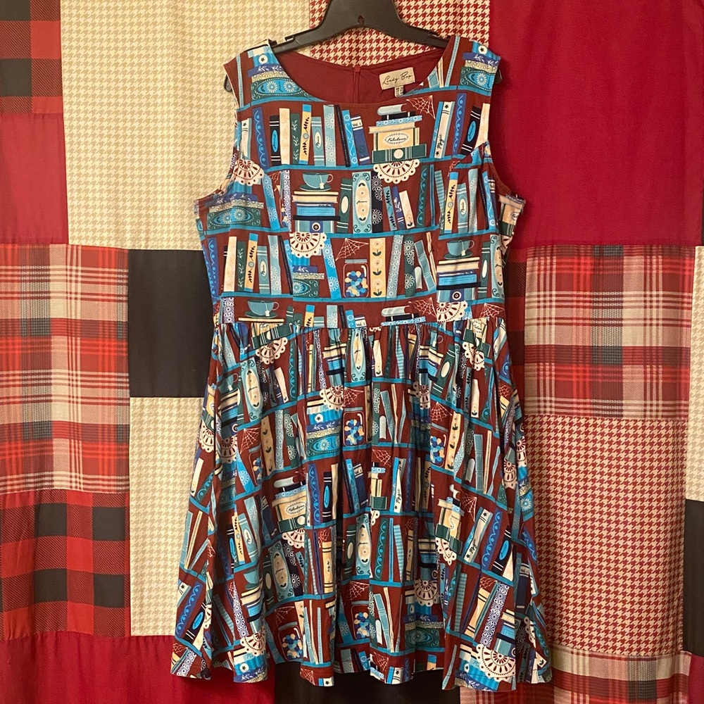 Lindy Bop Red and Blue Book Print Dress - Picture 3 of 7